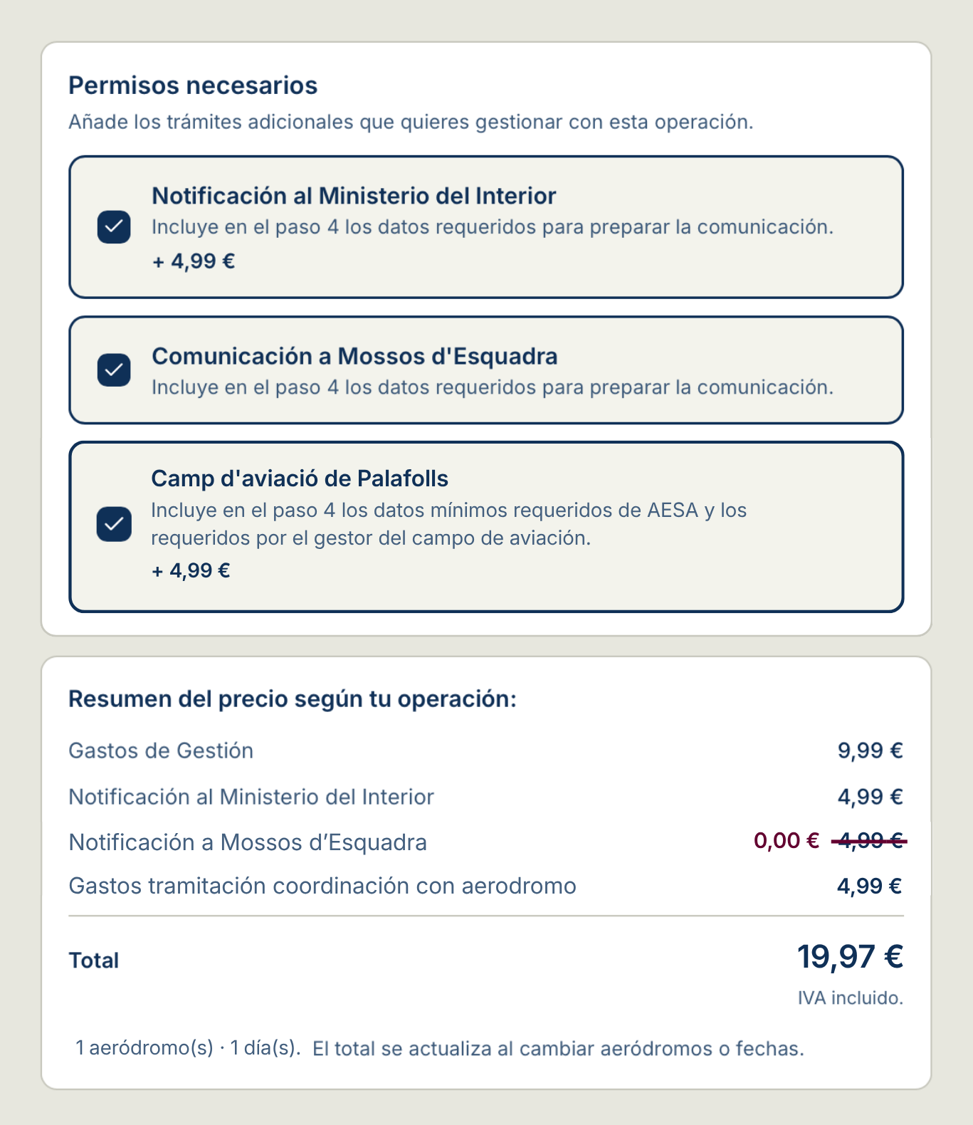 Resum del preu d'una operació a NIU